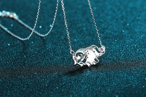 Macro shot of S925 sterling silver elephant pendant with a sparkling moissanite stone