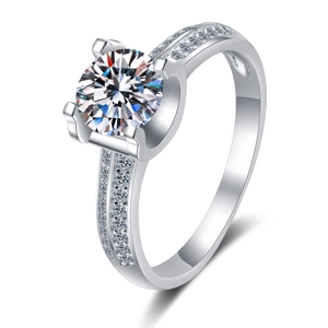Bague classique en argent 925 et moissanite avec solitaire rond et pavage