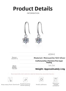 Detail view of S925 sterling silver six-prong moissanite earrings with material specs