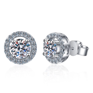 Classic S925 sterling silver halo moissanite stud earrings with round brilliant cut stones