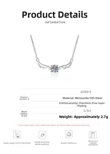 Detail of 0.5ct moissanite necklace with S925 silver angel wings and 5-layer plating