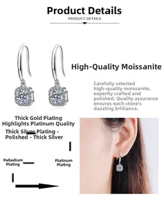 Detail of S925 sterling silver earrings with multi-layer rhodium plating and moissanite