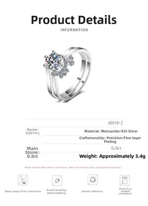 Detailed specs of S925 silver moissanite ring with six-prong setting and side accents