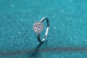 Macro shot of S925 silver sunflower moissanite ring with halo cluster petals detailing