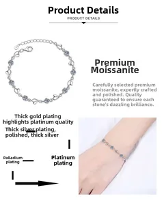 Detail of S925 sterling silver moissanite bracelet with multi-layer plating and heart links