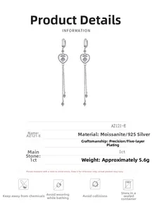 Detail of S925 sterling silver heart earrings with 1ct moissanite and long tassels