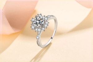Detailed view of sterling silver flower ring with moissanite and pink ribbon