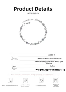 Detail of S925 silver moissanite heart link bracelet showing fine 5-layer plating