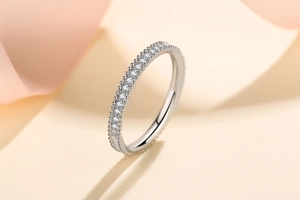 Detail of S925 sterling silver ring with double row of pavé set moissanite stones
