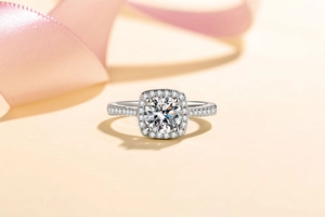 Macro view of 925 silver moissanite ring with halo setting and pave diamond band