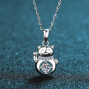 925 Sterling Silver Moissanite Lucky Cat Pendant Necklace For Women Dancing Stone Maneki Neko Animal Jewelry Accessories Gift