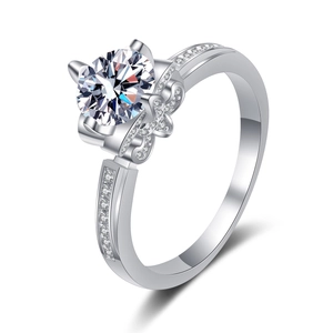 Elegant S925 sterling silver crown ring with round moissanite in petal setting