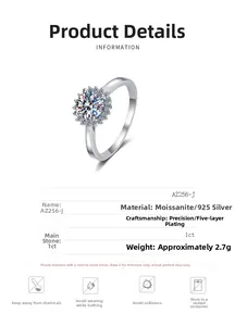 Detail of 1ct moissanite sunflower ring in 925 silver with product specifications