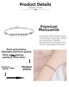 Detail showing s925 silver moissanite bracelet with multi-layer platinum-style plating