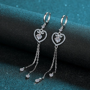 Elegant S925 sterling silver heart tassel earrings with sparkling moissanite stones