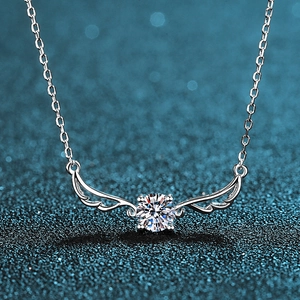Elegant S925 sterling silver angel wing necklace with a sparkling round moissanite stone