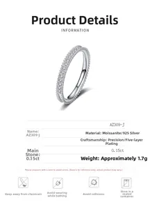 Detailed specs of S925 silver moissanite ring with five-layer plating and care icons