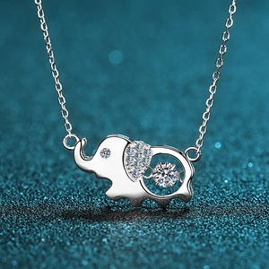 925 Sterling Silver Elephant Pendant Necklace For Women Moissanite Moving Stone Clavicle Chain Cute Animal Jewelry Gift