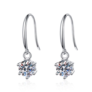 Classic 925 sterling silver drop earrings with six-prong set round moissanite stones