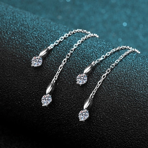 S925 sterling silver tassel earrings with round moissanite stones and long chain design