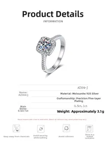 Detailed specifications of 925 silver moissanite ring with 1ct stone and plating info