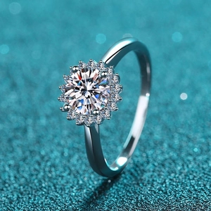 S925 Sterling Silver Sunflower Moissanite Zirconia Halo Ring For Women Classic Round Cut Engagement Wedding Finger Ring Jewelry