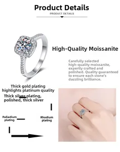 Detail of s925 silver ring featuring square cut moissanite and side stones on finger