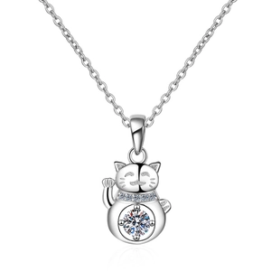Cute S925 sterling silver Maneki Neko cat pendant necklace with moissanite center stone