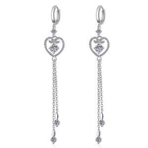 S925 sterling silver heart tassel earrings with moissanite stones on white background