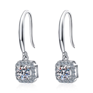 Classic S925 silver halo drop earrings with sparkling round moissanite in square frame