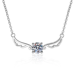 S925 sterling silver necklace featuring an angel wing pendant with a round moissanite