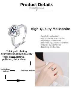 Macro view of heart-shaped moissanite ring with side stones and rhodium plating