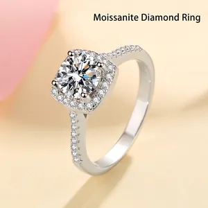 Luxury 925 Sterling Silver Moissanite Zirconia Ring Square Halo 4-Prong Round Cut Pave Ring For Women Wedding Party Jewelry