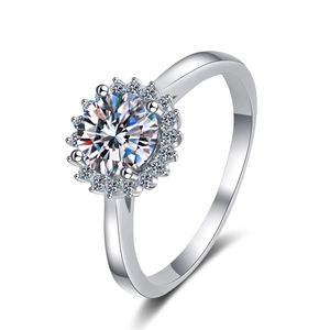 S925 sterling silver sunflower moissanite ring with a brilliant round halo design