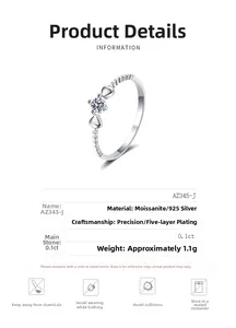 Detail view of 925 silver moissanite ring with dual heart accents and 5-layer plating
