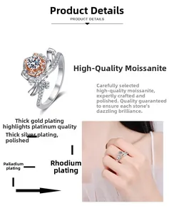 Vue détaillée de la bague rose en argent S925 avec moissanite et placage multicouche fini