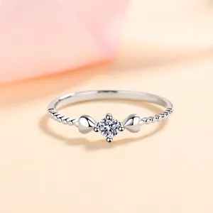 925 Sterling Silver Moissanite Ring For Women Twisted Band Heart Accents 4 Prong 0.1ct Round Moissanite Solitaire Engagement Ring Fashion Jewelry