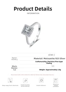 Detail view of 925 sterling silver princess cut ring with 1ct moissanite specifications