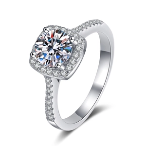 Elegant 925 sterling silver halo ring with round moissanite stone on white background