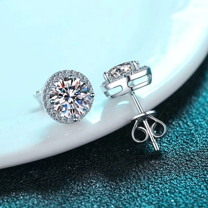 Elegant S925 sterling silver halo stud earrings featuring a 1-carat round moissanite stone