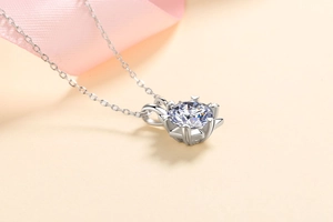 Close-up of S925 silver necklace with six-prong heart setting and round moissanite stone