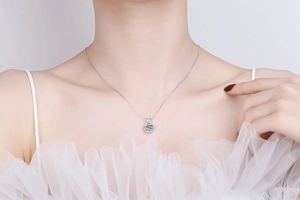 Close-up of snowflake pendant with brilliant cut center stone on a silver chain