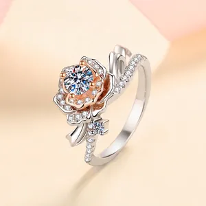 Bague Rose en Argent Sterling 925 avec Moissanite pour Femme Or Rose Bicolore Incrustation de Strass Bijoux Cadeau Anniversaire