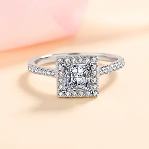 Luxury 925 Sterling Silver Princess Cut Moissanite Ring For Women Sparkling Cubic Zirconia Halo Engagement Ring Jewelry Gift
