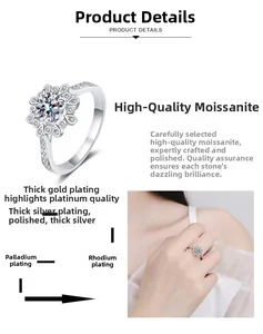 Close-up of S925 silver moissanite ring featuring a flower-shaped setting with rhodium plating
