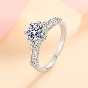 Luxury 925 Sterling Silver Moissanite Ring Heart Six Prong 1ct Moissanite Zirconia Inlaid Rhinestone Engagement Wedding Band