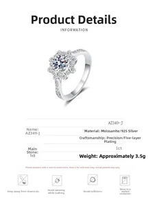 Detail of S925 silver flower ring with 1ct moissanite main stone and plating specs
