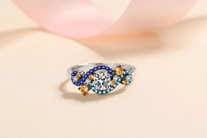 Macro shot of S925 silver angel eye ring with colorful moissanite and luxury gemstones