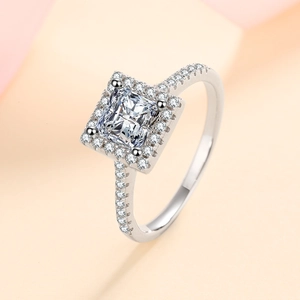 Sparkling 925 sterling silver princess cut moissanite ring with a halo and pave setting