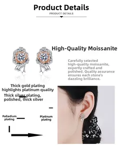 Detail showing Moissanite rose stud earrings with multi-layer rhodium plating finish
